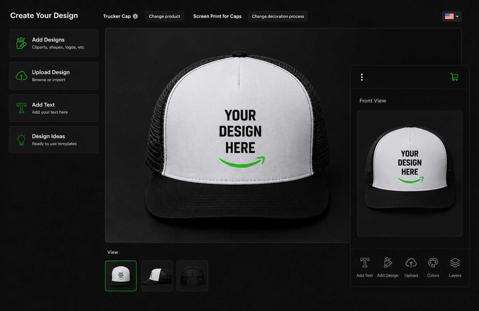 Hat design interface showing a customizable trucker cap mockup